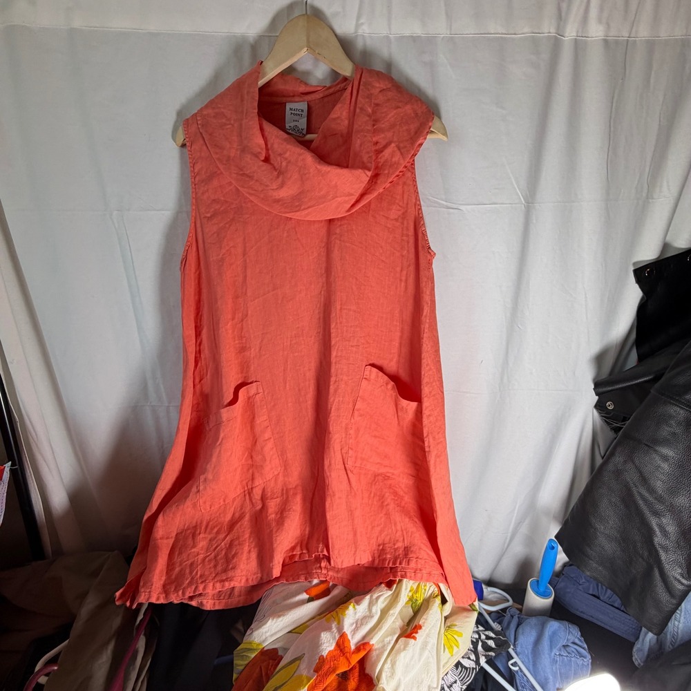Match Point USA Coral Pink Linen Cowl‎ Neck Sleeveless Tunic Top with Pockets L